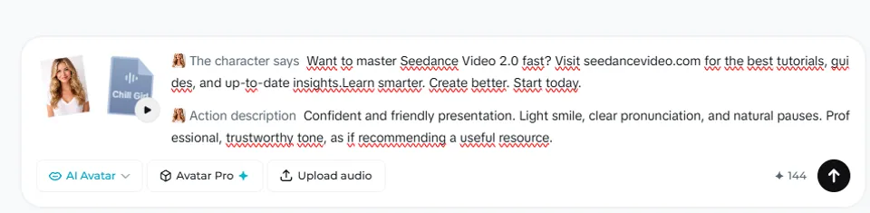Dreamina AI Avatar Pro interface showing reference photo, voice selection, and dialogue prompt for Seedance 2.0 avatar generation
