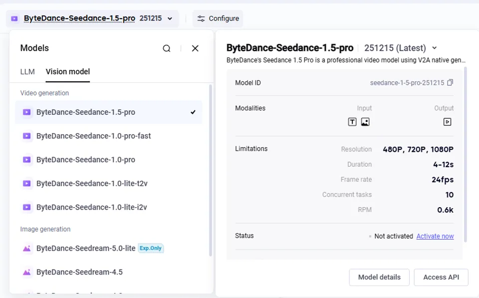 BytePlus ModelArk Playground model selector showing Seedance 2.0 — now removed from the platform