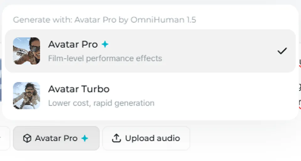 AI Avatar generation options in Dreamina: Lip Sync, Avatar Pro, and standard generation modes