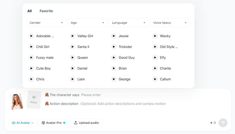 Dreamina voice selection interface for AI Avatar, showing available voice options and language settings