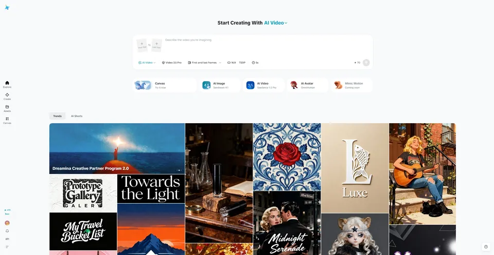 Dreamina AI creative platform dashboard — the primary gateway to Seedance and ByteDance's AI tools